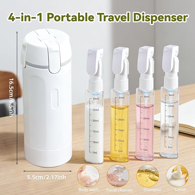 4 in 1 Travel Dispenser,Travel Shampoo and Conditioner Bottles,Refillable Leak Proof Containers Toiletries for Vacation and Business Travel120ML White