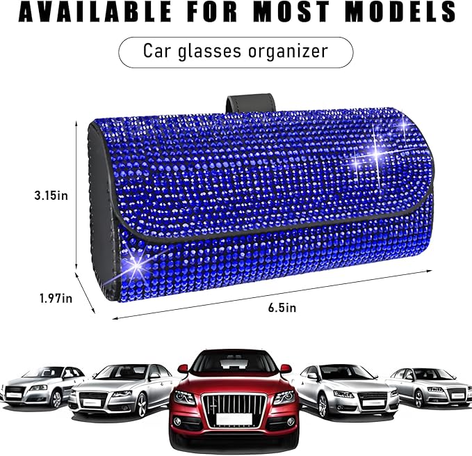 Ohleats Bling Sunglasses Holder for Sun Visor, Sparkling Glasses Sun Visor Organizer Case with Hidden Magnetic Closure, Auto Visor Crystal Eyeglasses Storage Case, Car Accessories (Bling Blue)