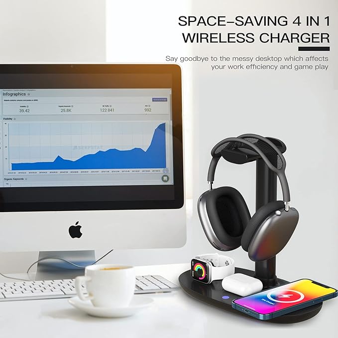 Headphone Stand with 15w Wireless Charger, Suguder 4 in 1 Charging Station Headset Holder for AirPods Max/Pro/4/3/2 iWatch 10/9/8/7/6/5/4/3/2/1/SE iPhone 17/16/15/14/13/12/11/X for Desktop Table Game