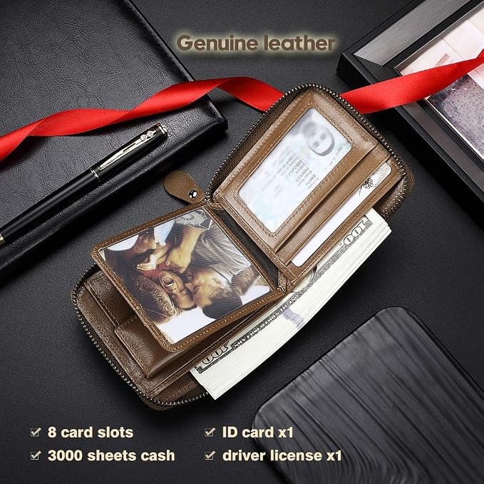 Mens Genuine Leather Zipper Wallet RFID Secure Large Capacity Double Fold Multi-card Leather Wallets for Men and coin purse