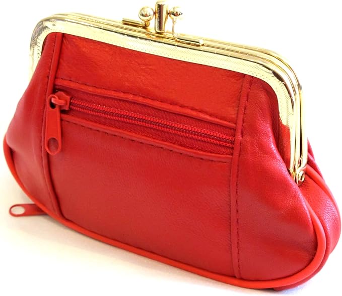 Womens Leather Mini Wallet ID Credit Cards Cash Coin Holder Case Organizer Purse with Framed & Zipper Closures - RED, (COIN03-RED)