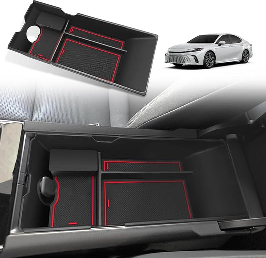 Muslogy Center Console Organizer Compatible with 2025 2026 Toyota Camry LE SE XLE XSE Accessories Middle Storage Box with Removable Coin Holder Insert Tray Interior Secondary Accessories (Red)