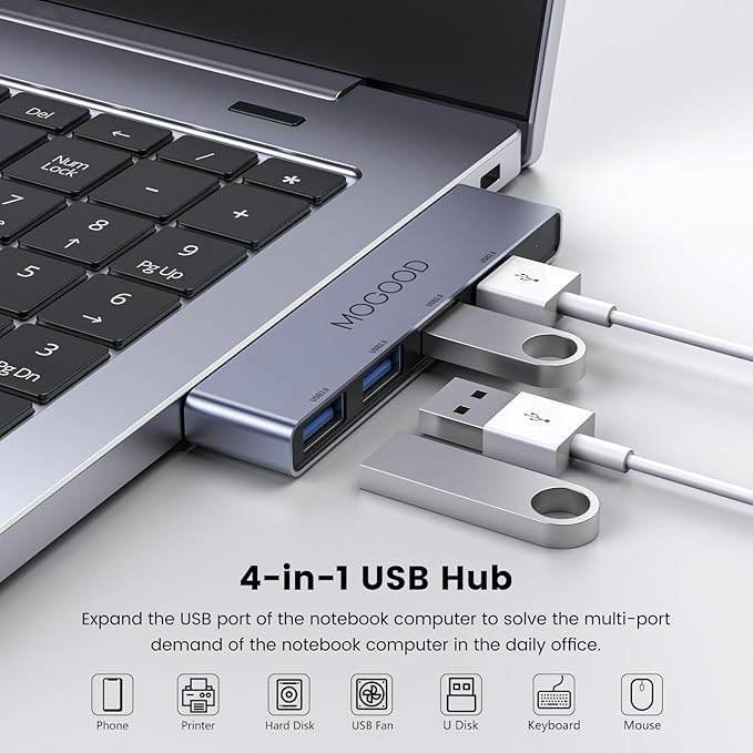 MOGOOD USB Hub 3.0, 4-Port USB Splitter – 1 USB 3.0 & 3 USB 2.0 Ports, No Cable, Plug & Play Data Hub for Laptop, MacBook, Chromebook, PC – Expand USB Ports for Flash Drive, Mouse, Keyboard, Printer