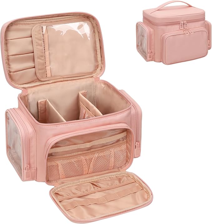 Bagmoly Large Makeup Bag, Portable Travel Makeup Bag Organizer for Women Girls with Makeup Brush Compartment & Two Side Pockets, Cosmetic Travel Bag Vertical Storage Toiletry - Pink