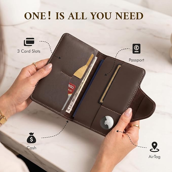 ALLIVE Passport Holder for Travel, Genuine Leather Passport Wallet with Built-in AirTag Slot, Magnetic Closure RFID Blocking Passport Cover Case for Women Men, Travel Essentials Gifts (Coffee Brown)