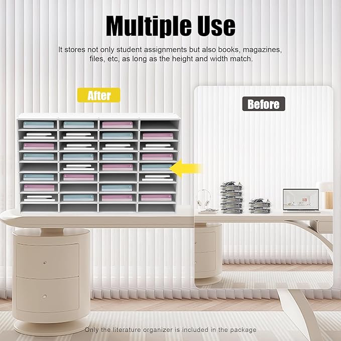 Literature Organizer 36 Slots, Compartments Mail Sorter Organizer, Adjustable Desktop File Organizer with Removable Shelves, Paper Organizer for Home Office School (White, 36 Slots)