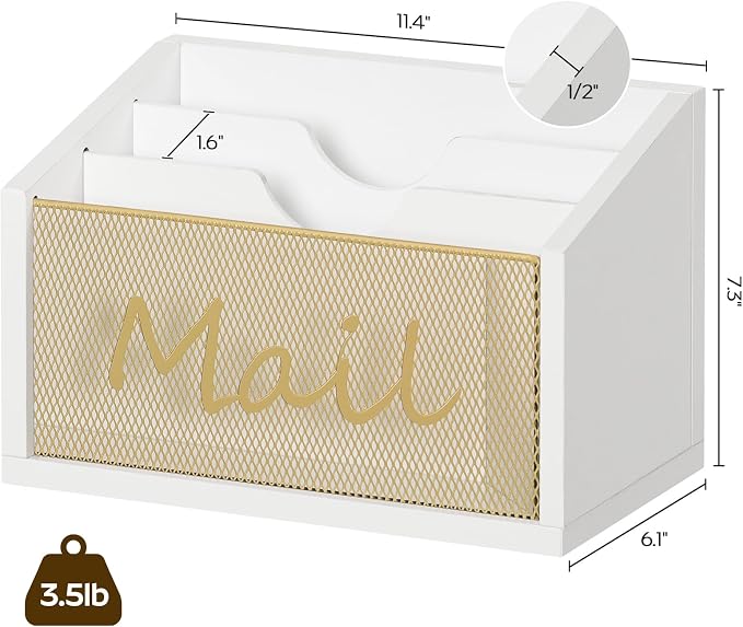 YATINEY Mail Organizer Countertop, Mail Holder with 3 Slots, Mail Sorter for Desk, Wooden Office Desk Organizer, Mail Organizer for Magazines, Files, Papers, Folders, White and Gold MR03DW