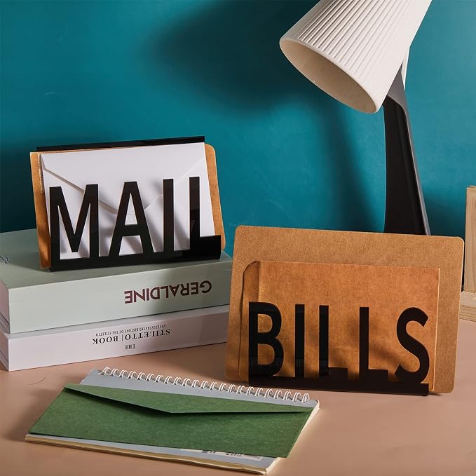 3 Pack Desktop Mail Organizer and Bills Holder, Modern Acrylic Sorter Set with Mail, Bills and Envelope Designs, Decorative Desk Organizer for Home Office Countertop