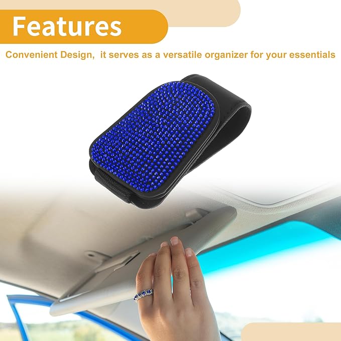 Motoforti Car Sunglasses Clip Magnetic Universal Sun Visor Eyeglasses Holder Clip PU Leather,Rhinestones Blue 8.5x5cm 1 Pcs