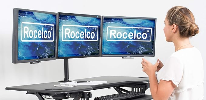 Rocelco Premium Triple Monitor Desk Mount - Standard Pattern Fits 13" - 27" LED LCD Flat Computer Screen - Three Articulated Full Motion Adjustable Arms - Grommet and C Clamp - Black (R DM3)