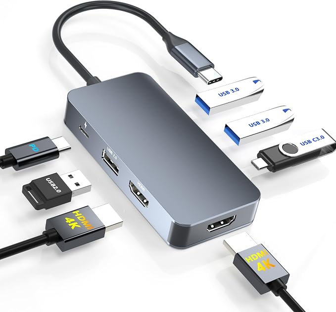 Docking Station Dual Monitor for Dell/HP/Mac Laptops, 7 IN 1 USB C to Dual HDMI Adapter Multiport Hub with 2*4K HD, 3*USB-A/USB-C Data Port, 100W PD, HDTV Splitter for Dual Monitors Extended Display