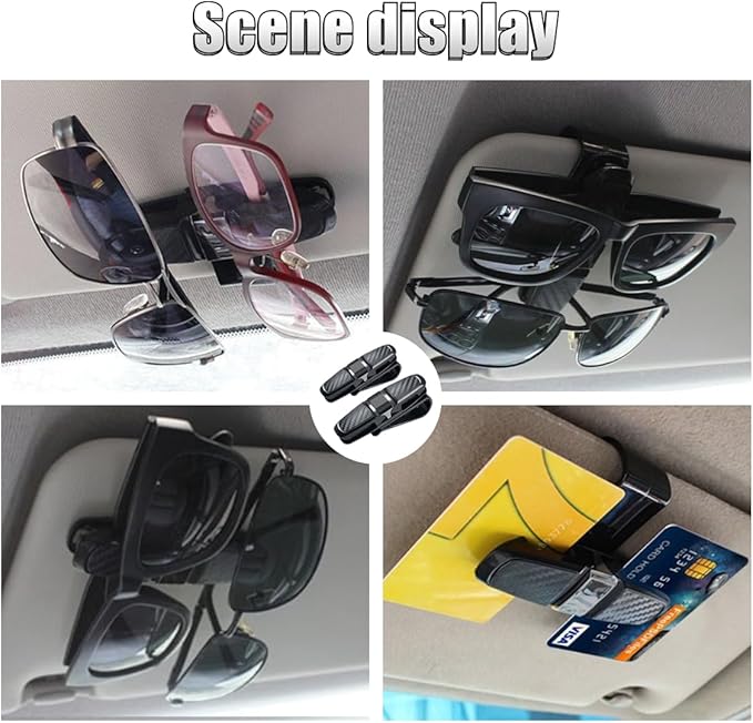 2PCS Glasses Holders for Car Sun Visor, Glasses Clip Organizer, Sunglasses Eyeglasses Mount with Ticket Card, Car Sun Visor Double-Ends Clip, 180 Degree Rotational Car Glasses Holder
