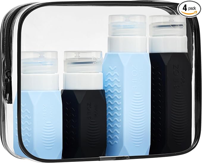Silicone Travel Bottles for Toiletries, TSA Approved 3/2oz Squeeze Containers, Refillable LeakProof Travel Size Accessories for Shampoo Body Wash, Travel Essentials with Clear Bag-4 Pcs