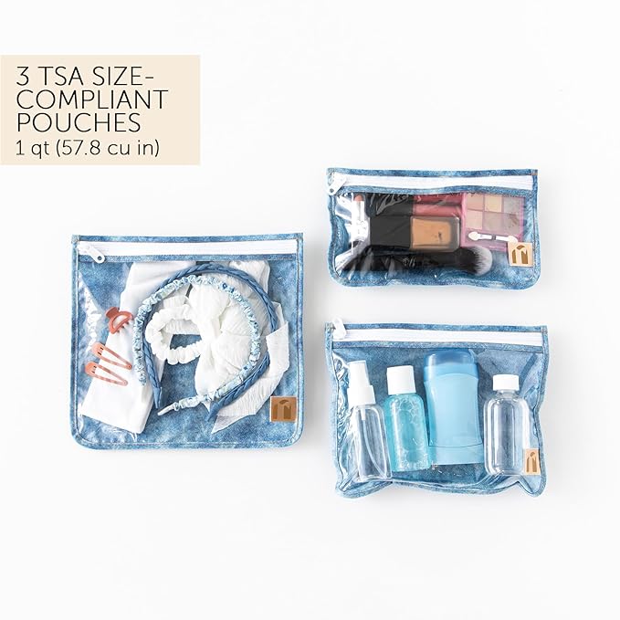 Bumkins Roamio Travel Bag, Toiletry, TSA Approved Pouch, Zip Quart Size Airline Compliant, Clear-Sided, Baby, Diaper Bag Organization, Makeup, Accessories, Carry On Packing, Set of 3 Sizes, Faux Denim