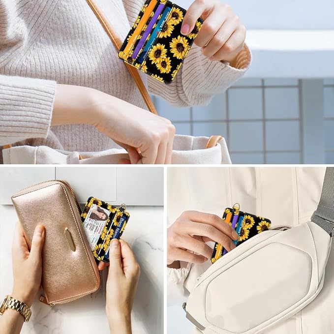 Slim Minimalist Pocket Credit Card Holder Wallet RFID Blocking Lightweight Thin Small Cute Card Cases,Sunflowers