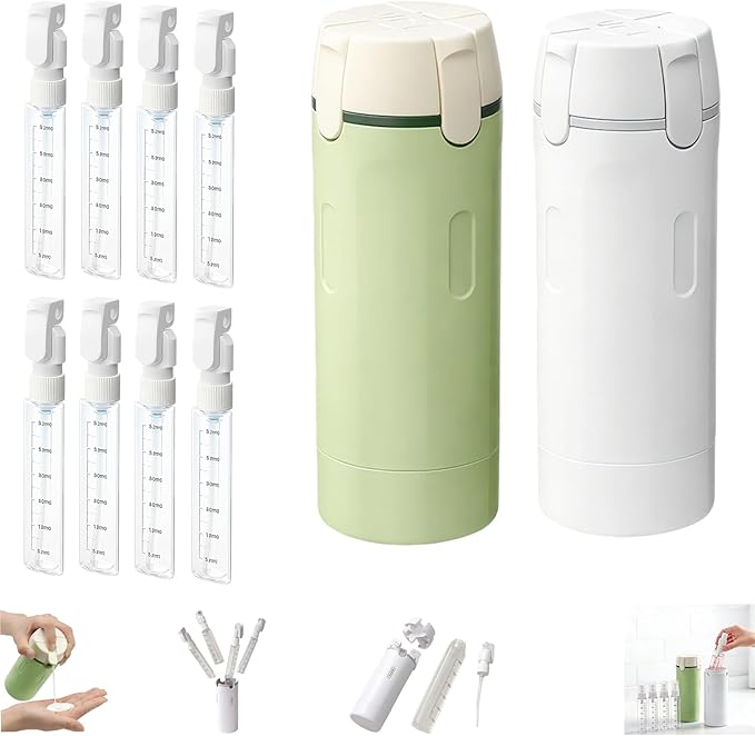 4 in 1 Travel Dispenser, 4 Pack 30ML Travel Bottles for Toiletries, 4 in 1 Travel Bottles for Toiletries Travel Dispenser Bottle, Refillable, Suitable for Storing Shampoo (White+Green)