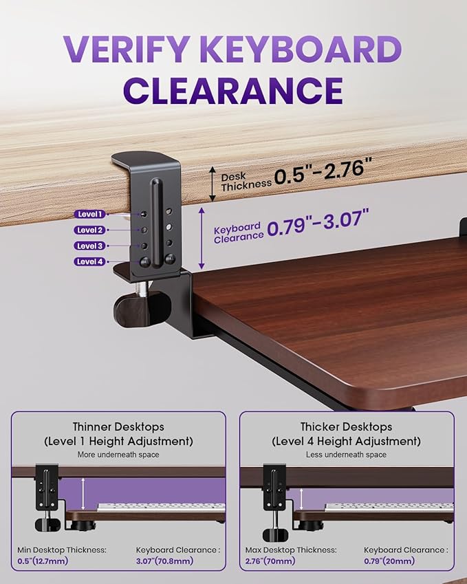 Ergonomic Mouse & Keyboard Tray Under Desk, Pull Out with Adjustable C-clamp, 20 (25.9 Including Clamps) x 11.8 Inch Slide Out Computer Keyboard Drawer Mouse Tray for Typing, Walnut