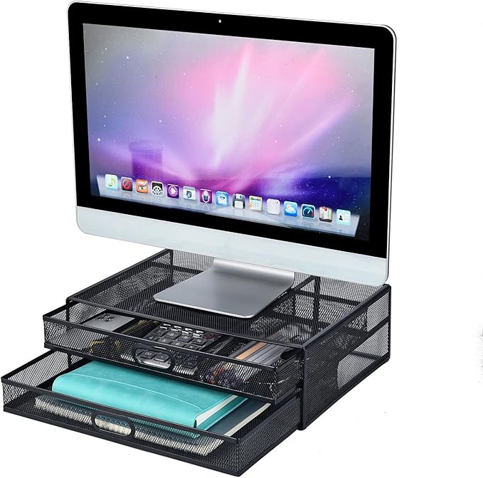 Monitor Stand Riser with Drawer - Metal Mesh Desk Organizer with Dual Pull Out Storage Drawer, Printer Holder with Pull Out Storage Drawe