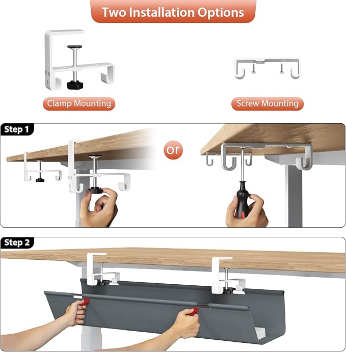 Univivi No Drill Under Desk Cable Management Tray, 36" Cord Organizer for Table, Clamp/Screw Mount Desk Cable Management, Premium Fabric Cable Management Tray for Office, Home