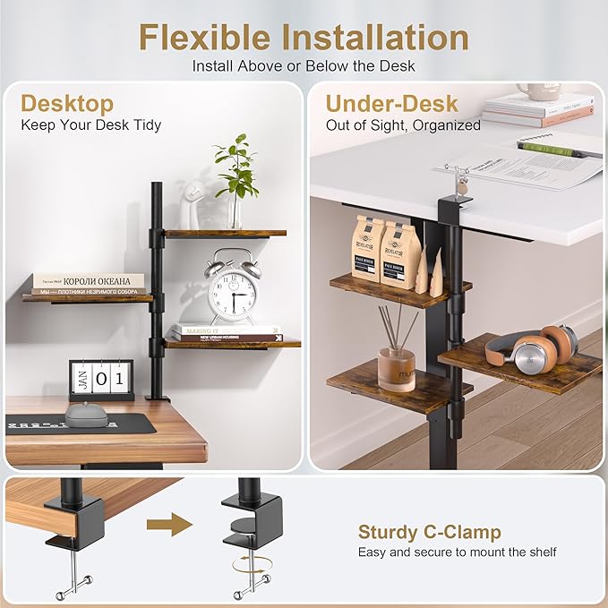 Clamp On Desk Shelf 3-Tier, Adjustable Height Wood Shelving Unit for Office Desk Gaming Accessories, 360° Rotatable Storage Tray, Desktop Book Organizer Storage Rack, Shelf for Top of Desk