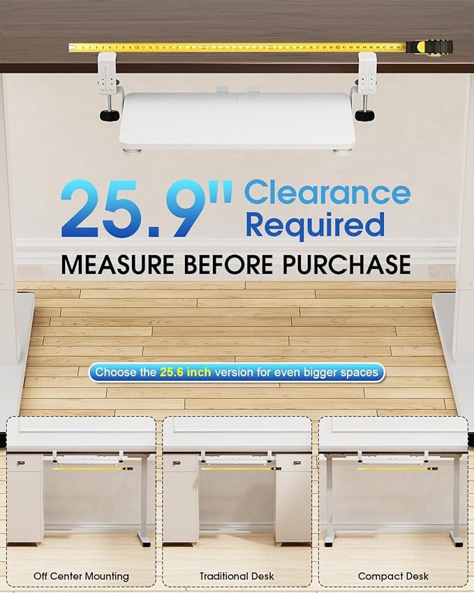 Small Keyboard Tray Under Desk, Pull Out Keyboard & Mouse Tray with Adjustable C-clamp, 20(25.9 Including Clamps) x 11.8 Inch Slide Out Computer Keyboard Drawer Mouse Tray for Typing, White