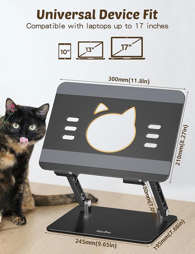 Aoviho Laptop Stand for Desk ??Adjustable Aluminum Laptop Riser with Unique Cat-Shaped Cooling Vent, Portable Desk Gift & Decor, Compatible with MacBook Air Pro, Dell, HP, Lenovo (10"-17.3"), Black