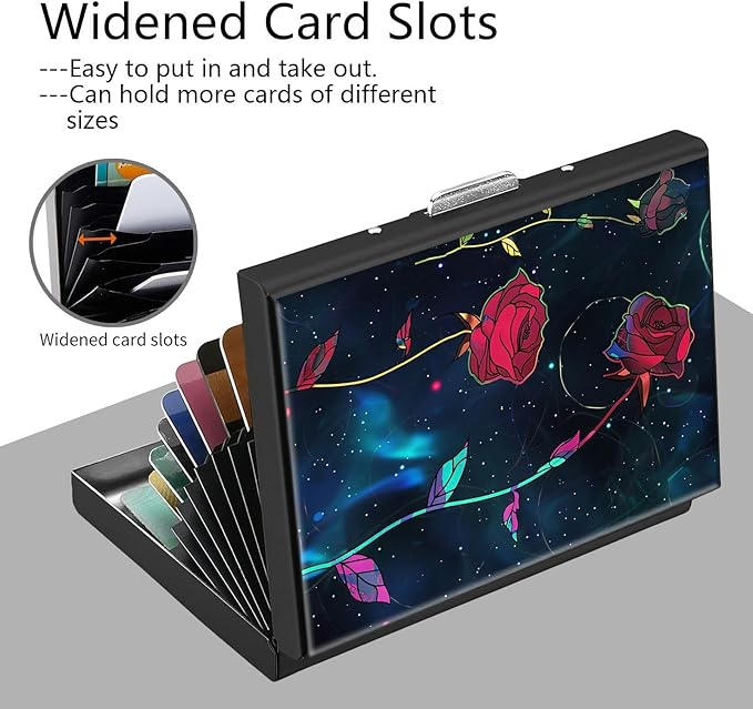 Credit Card Holder, Roses Art Design Mini RFID Blocking Aluminum Wallet Slim Metal Hard Case Shell Travel Wallet ID Case Small Credit Cards Case Business Cards for Women Men Girls