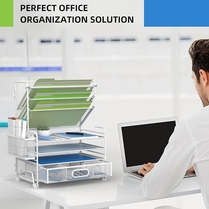 MINDEPOT 4-Tier Paper Organizer + 3-Pocket File Holder + Drawer + Pen Holders, Desktop File Organizers Paper Tray for Office Supplies School Classroom Organization (White, with Drawer & Pen Holder)