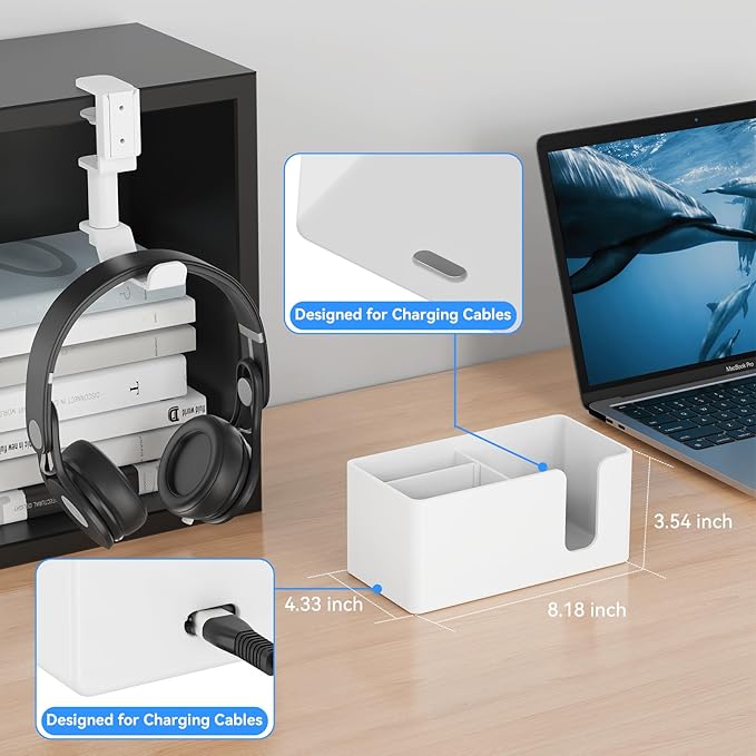 4 in 1 Desk Cup Holder with Storage - Clamp on Under Desk Headphone Hanger - Detachable Pen Cup Holder Desktop Storage for Desktop Attachments Accessories (White)