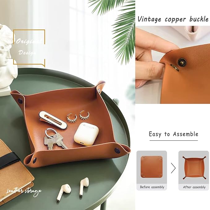 Valet Tray, EDC Catchall Tray for Keys, Watches, Jewelry, Coin and Wallet, Desktop Organizer (Brown-S)