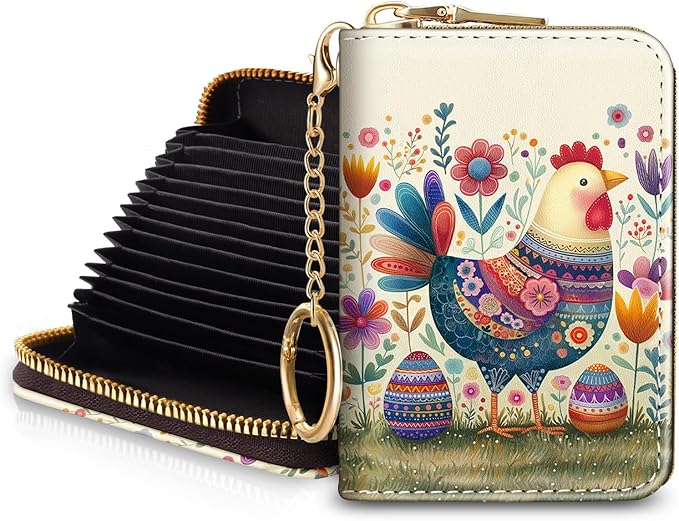 Blusabaca Chicken Flower Floral Eggs Rooster Women Credit Card Holder, Small RFID Blocking Zipper Wallet, Keychain PU Leather Card Case, Aesthetic Thanksgiving Christmas Easter Wallet Holiday Gift