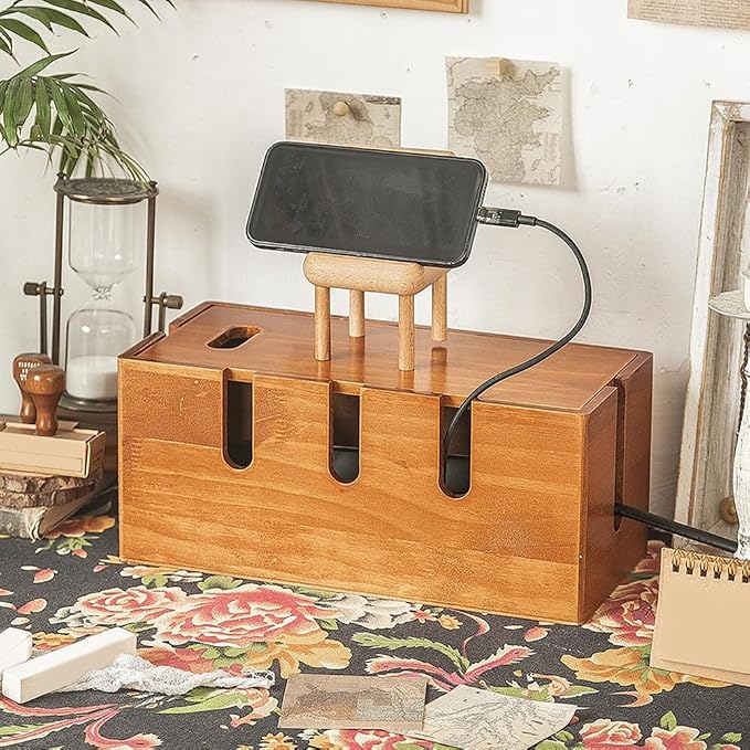 12 Inch Wood Cable Management Box Cord Organizer Box for Desk Cable Organizer Wooden for Power Strip Router USB Hub Cord Hider for Home Office