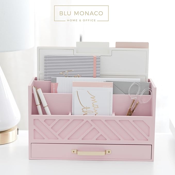 BLU MONACO | Pink Desk Organizers Wooden Mail Organizer with Drawer | Mail Sorter Organizer Countertop Gold Handle | Desk Organizers and Accessories Pink Office Storage