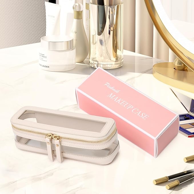 Pinkmik Makeup Brush Case Clear Travel Cosmetic & Toiletry Bag Slim Makeup Bag with Zipper Small Purse Organizer Car Essential Bag for Women (Beige, SLIM-1)