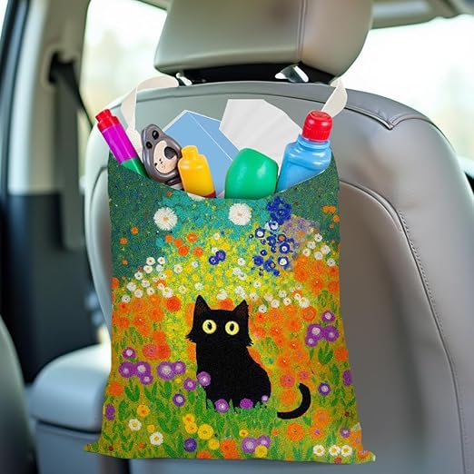 Black Cat Car Trash Bag, Car Trash Bag Hanging, Waterproof Cars Back Seat Hanging Organizer and Storage Trash Bags for Vehicle Travelling Camping Aesthetic Monet Decor
