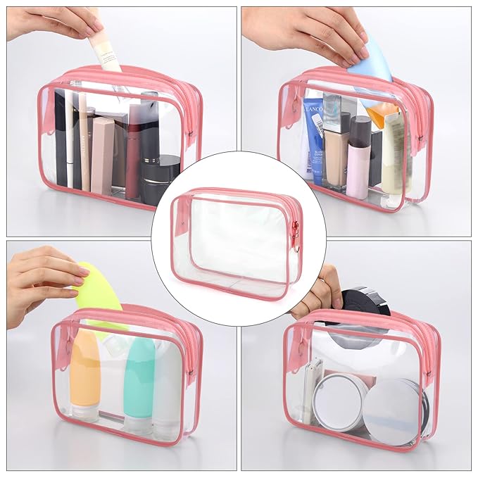 Wedama TSA Approved Toiletry Bag, Cosmetic Bags 3 Pack with Zipper Carry on Airline Airport Travel Accessories, PVC Makeup Bags for Travel, Quart Size Travel Bags for Men and Women-Pink