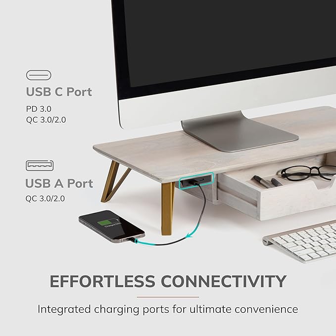 Anji Mountain Monitor Stand - Desktop Organizer & Laptop Riser, Ergonomic Monitor Riser, Space-Saving Monitor Stand for Desk, Durable Construction, Easy Assembly, Ideal for Home & Office,White Wash