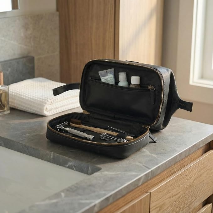 LEATHER VILLAGE Genuine Leather Dopp Kit – Large Travel Toiletry Bag with Waterproof Lining, Dual-Zip Design for Men & Women, Organizer for Shaving, Makeup & Essentials - Black