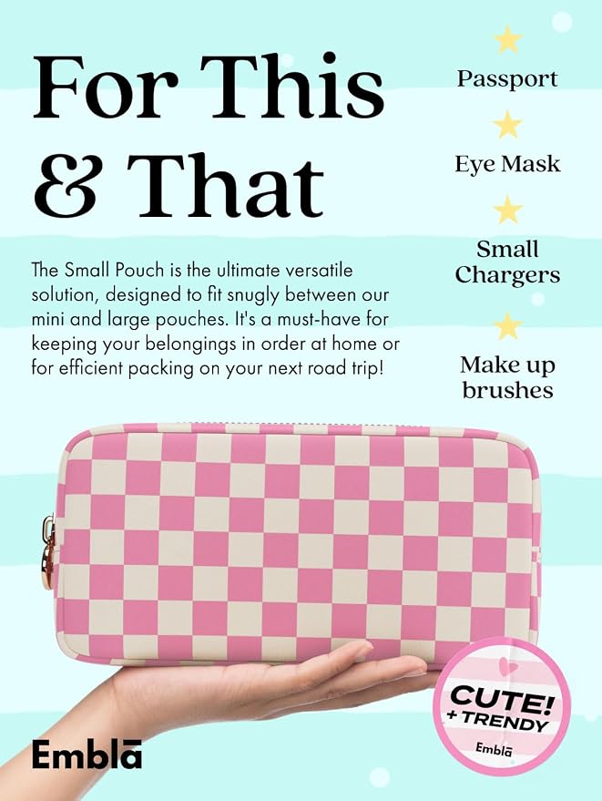 Makeup Bag Travel Cosmetics Pouch and Toiletry Bag, Nylon Zipper Pouch Purse, Cute Make Up Organizer Storage Tote for Women Girls, Travel Skincare Case, Small Makeup Case, Flamingo Checkered