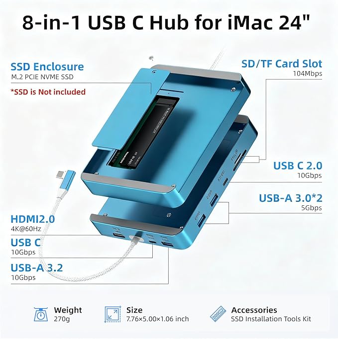 USB C Hub for Mac 24 inch 2021/2023/2024, 8 in 1 iMac USB Hub with M.2 SSD Expansion (SSD Not Included)，with USB A/C 3.2 10Gbps, SD/TF, HDMI iMacM1 M3 M4 Dock Accessories