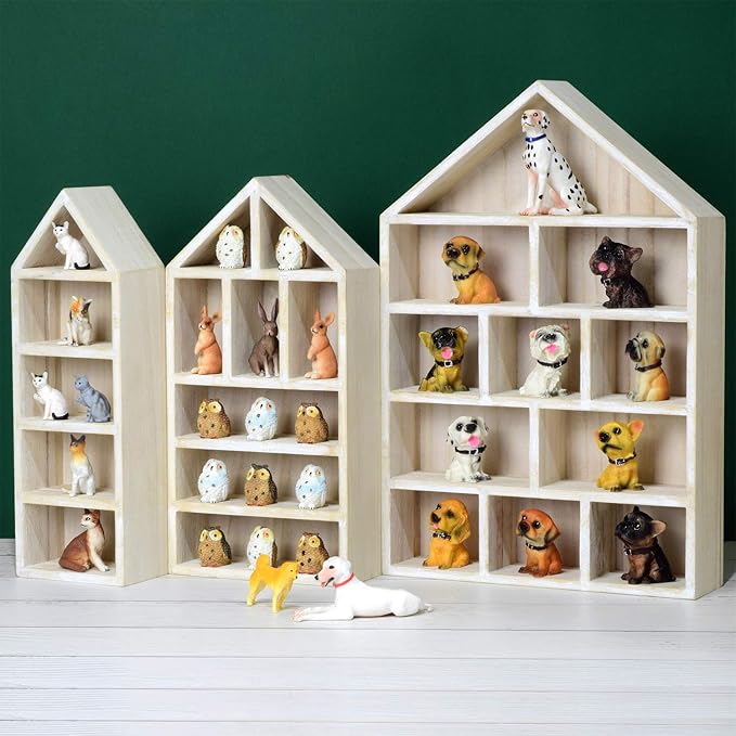Ikee Design House-Shaped Wooden Shadow Cubby Box Display Shelf Organizer Storage Shadow Box for Mini Figures, Set of 3, Wash White Color, 10 W x 2 1/4 D x 15 H in