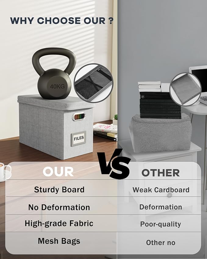 Oterri Hanging Filing File Box with Mesh Pocket, File Organizer Box with Lid, Collapsible Document Organizer Box for Letter Size, Easy Slide Durable Storage Box for Office/Decor/Home (2 PCS, Grey)