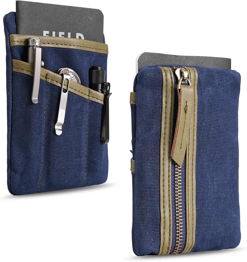 SP4 Waxed Canvas Compact EDC Pocket Organizer, Zippered Pocket Pouch for Men, Mini EDC Organizer for Change, Notebook, Tactical Pen, Flashlight