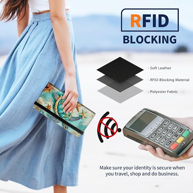 Premium PU Leather Checkbook Cover for Men & Women,RFID Blocking Slim Check Book Holder with Duplicate Check Divider & Pen Holder,Fits Standard Personal Checks,Retro Sea Turtle