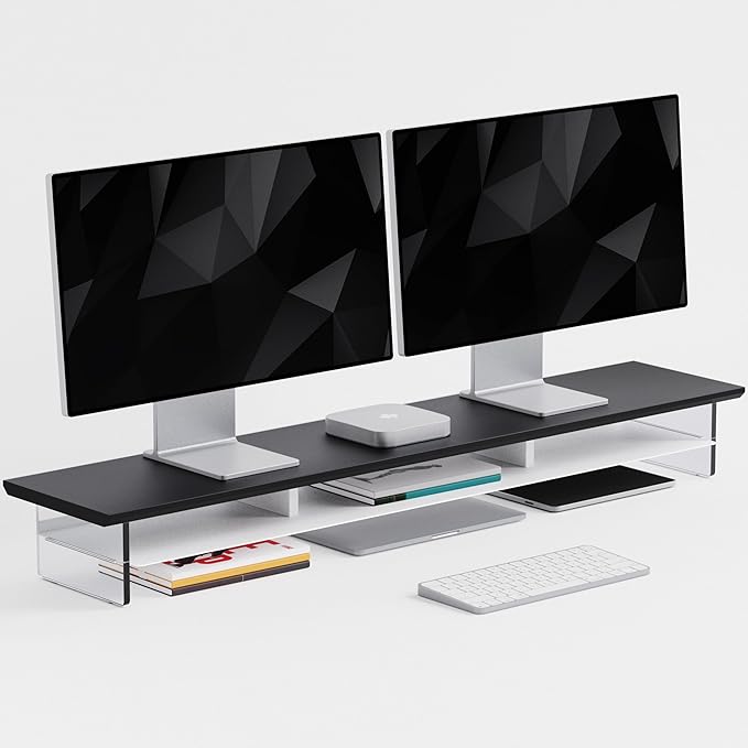 Dual‑Tier Monitor Stand for Modern Desk Setup – Minimalist Wooden and Metal Riser Shelf with Transparent Acrylic Feet for Dual Monitors, Laptops, Home Office Aesthetic，Black and White
