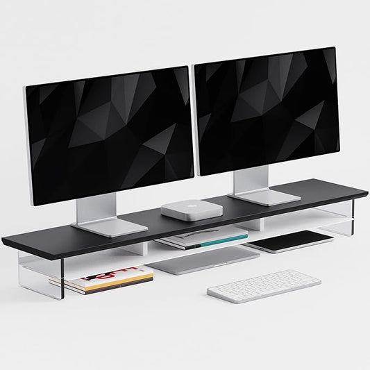 Dual‑Tier Monitor Stand for Modern Desk Setup – Minimalist Wooden and Metal Riser Shelf with Transparent Acrylic Feet for Dual Monitors, Laptops, Home Office Aesthetic，Black and White