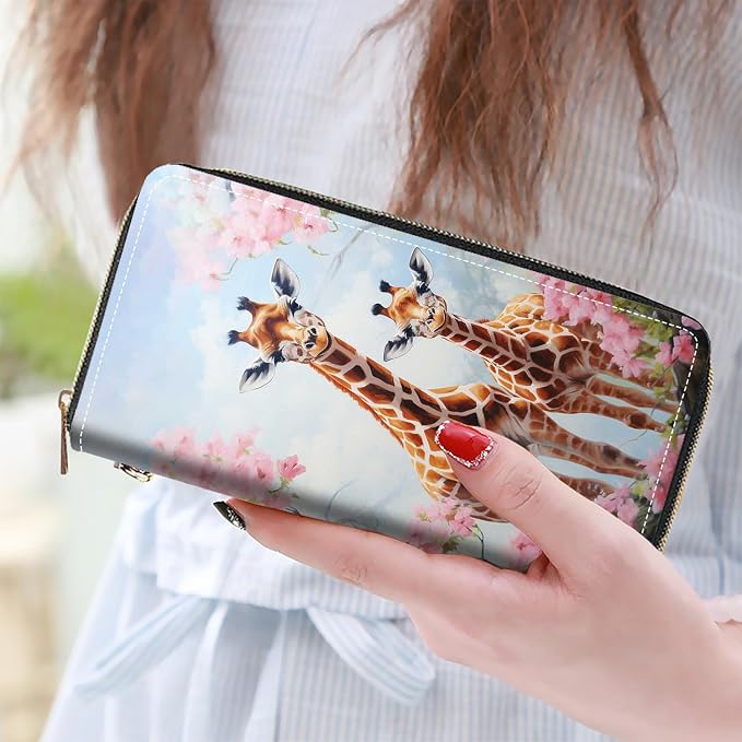 Women's Large Capacity Wallet PU Leather Zip Around Clutch Purse Multifunctional Wallet with Removable Wristlet Strap for Smart Phone/Coin/Card/Cash, Giraffe