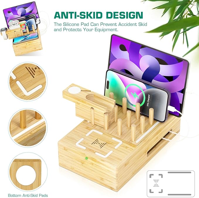 Bamboo Wireless Charging Station for Multiple Devices - Wood Docking Station Organizer, Qi Certified Fast Wireless Charger, 7 USB Charging Ports for Cellphone, Smart Watch, Earbuds, Tablet