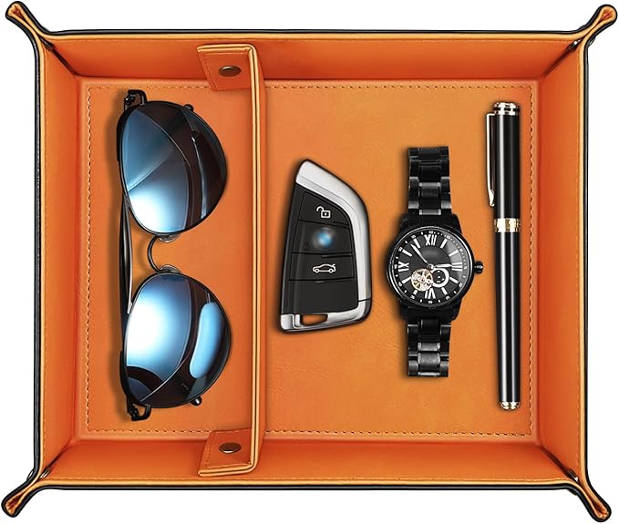 SITHON Valet Tray Desktop Storage Organizer, Removable 2 Compartments Catchall Tray Bedside Vanity Nightstand Caddy Holder Desk Storage Plate, Orange