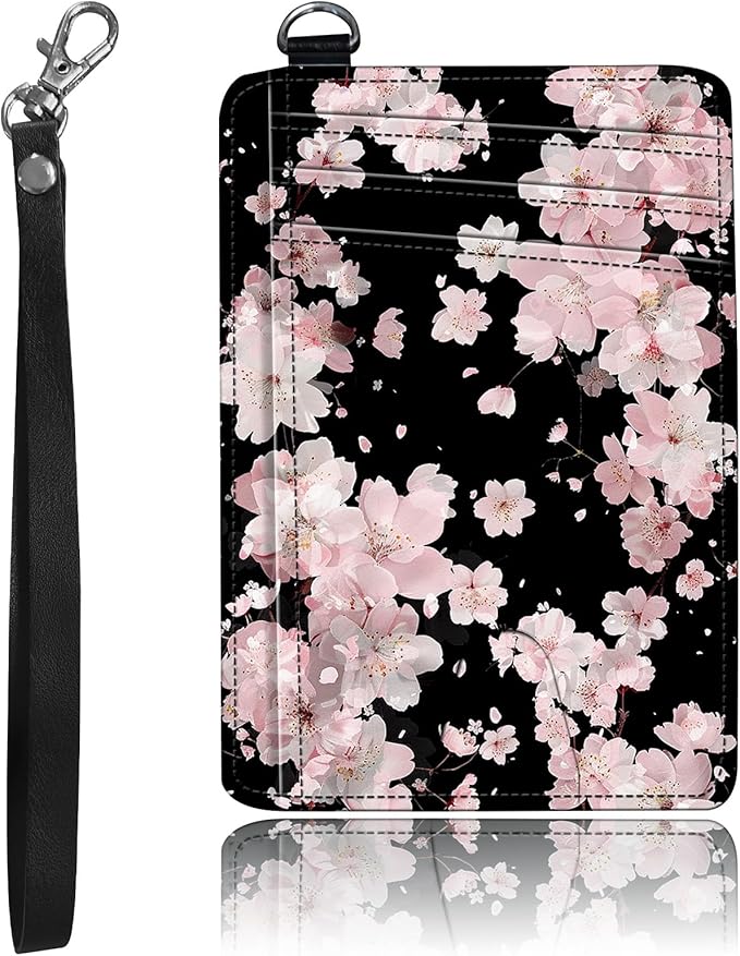 Slim Minimalist Front Pocket Wallet,Credit Card Holder Wallet for Women Men,RFID Blocking Credit Card Holder Case Leather Cute Small Thin Wallet ID Window&Wrist Strap,Pink Flower Black